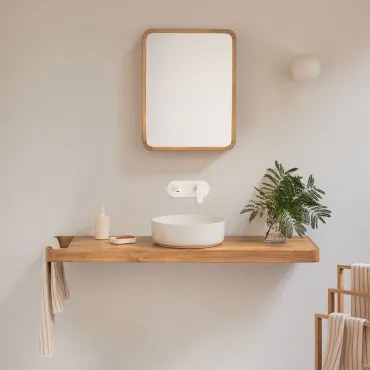 Zestaw Mebli Łazienkowych 130x45 Cm Wiszący Z Drewna Tekowego Neill Drewno Tekowe & Okrągły Ceramiczny Biały - Sklum