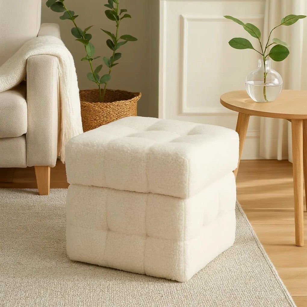 Pufa ze schowkiem kostka SQUARE, tapicerka baranek, 38 x 38 x 37 cm