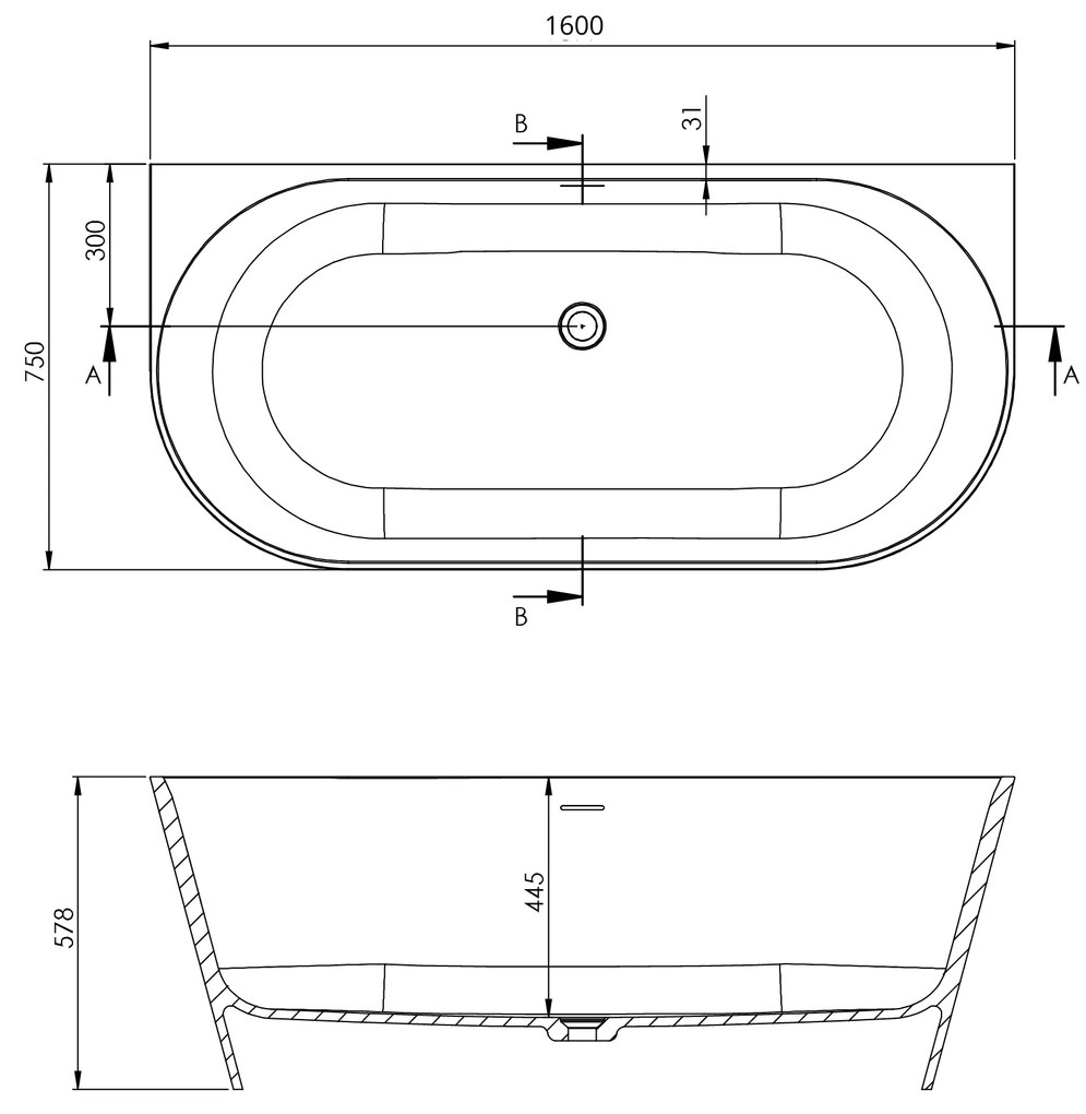 Wanna wolnostojąca przyścienna WALL Grey Matt / Glow  z konglomeratu szara matowa/błyszcząca 160 x 75 cm przelew typu SLIM : Kolor wanny - Beż połysk