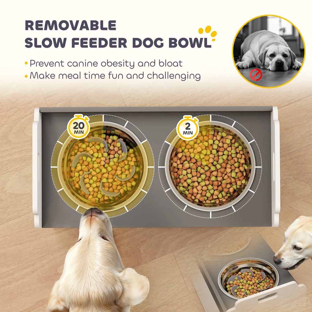 PawHut Podwyższana miska z szafką do przechowywania, 2 miski z pierścieniami antypoślizgowymi, 60 x 30 x 35,5 cm, Biały | Aosom PL