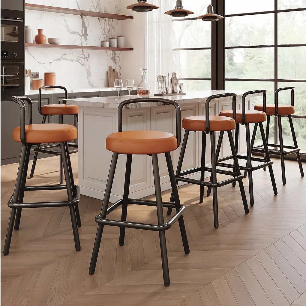 Zestaw 6 krzeseł barowych - 37 x 37 x 90,5 cm - z oparciem i podnóżkiem - skóra ekologiczna i nogi z żelaza - brązowe