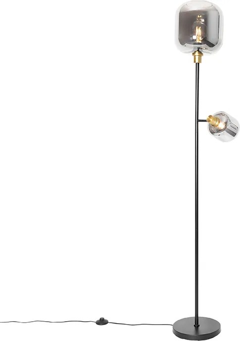 Lampa podłogowa czarna ze złotem i dymionym szkłem 2-światła - Zuzanna
