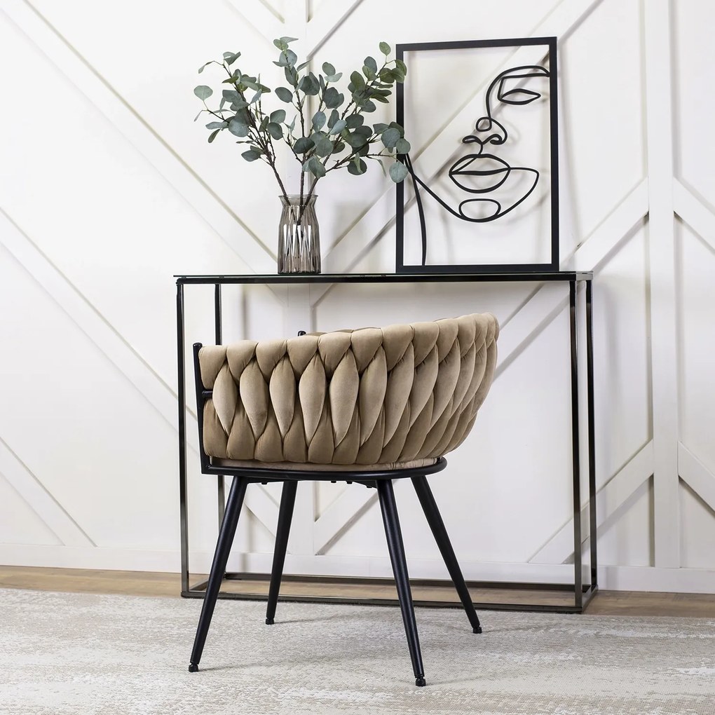 Krzesło Tapicerowane Plecione do Salonu EMPOLI Beżowe Welurowe Nowoczesne Loft