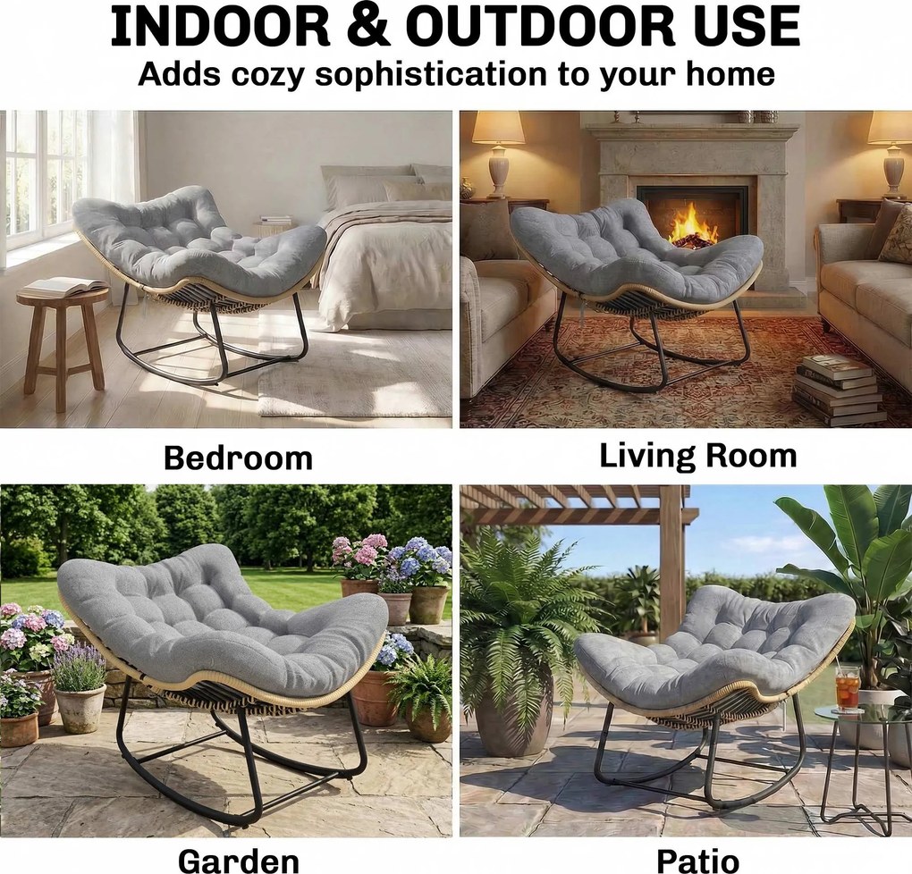 Outsunny Rattanowy Bujany Fotel Ogrodowy z Grubą Poduszką, Krzesło Ogrodowe do 120 kg Indoor Outdoor 87 x 110 x 70 cm Szary | Aosom PL