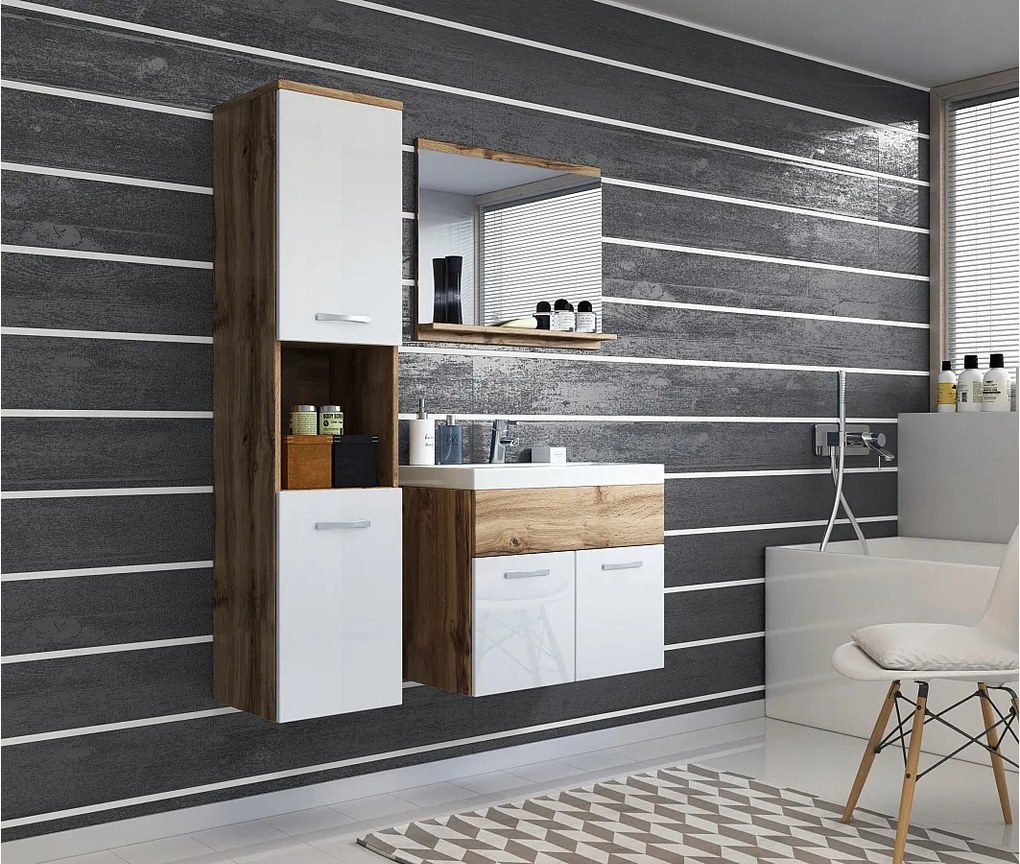 Zestaw mebli łazienkowych, komplet wiszący z umywalką, lustrem i słupkiem, korpus wotan fronty biały połysk