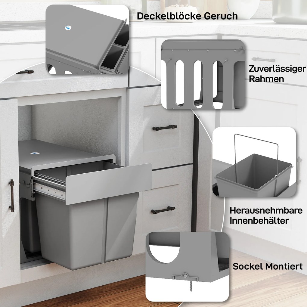 HOMCOM 31 l wysuwany pojemnik na odpady 15 l + 8 l x 2 z wyjmowanymi wiaderkami | Aosom PL