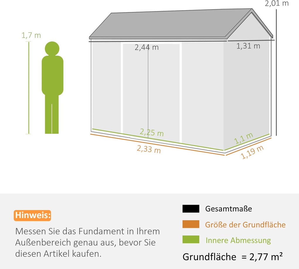 Outsunny Domek na narzędzia 2,77 m², styl drewniany, 2 okna, podwójne drzwi, wentylacja, podłoga, zamek, rękawice | Aosom PL