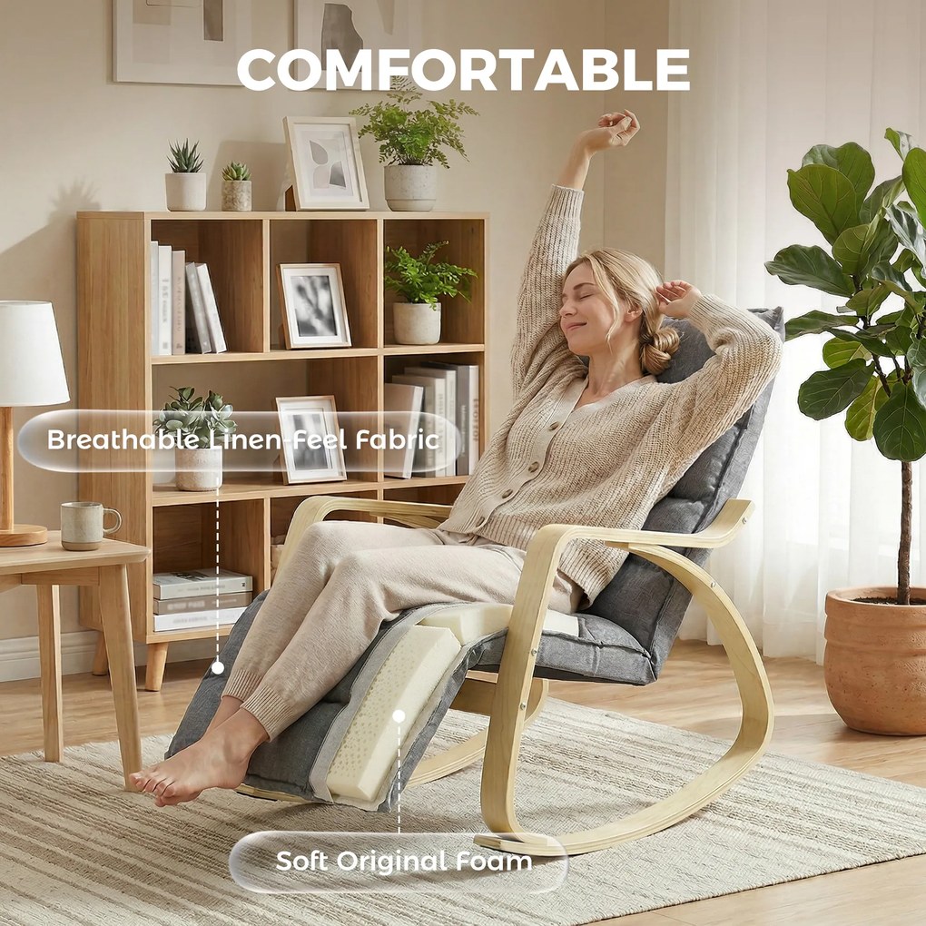 HOMCOM Fotel bujany z regulowanym podnóżkiem, fotel relaksacyjny, szary | Aosom PL