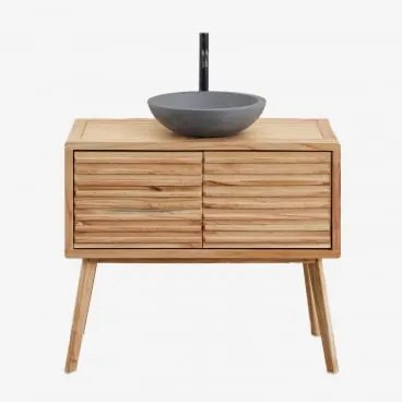 Zestaw Mebli Łazienkowych Z Drewna Deleyna Naturalna & Okrągły Szary Cement Ø40 Cm Tarsis & Bezlusterkowiec & - Sklum