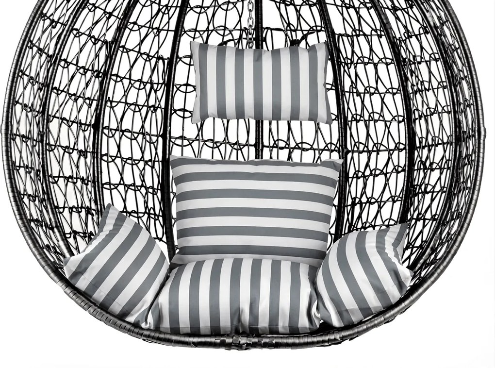 Czarne wiszące krzesło KOKON bez stojaka, biało-szara poduszka