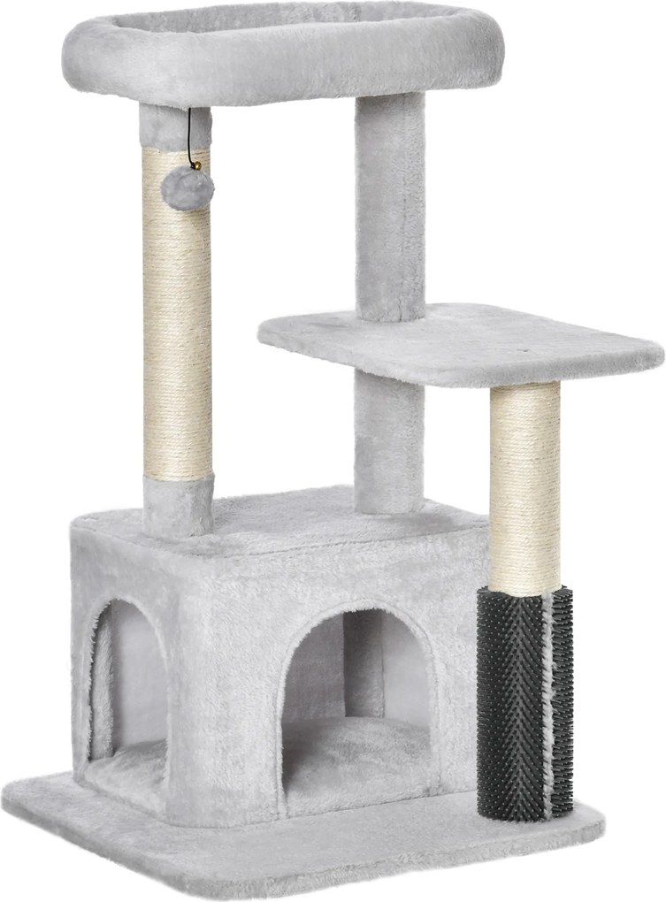 PawHut Drapak dla Kotów z Kącikiem do Masażu Jaskinią i Piłką Jasnoszary 48x48x80cm Kompleksowa Zabawa dla Twojego Kota | Aosom PL