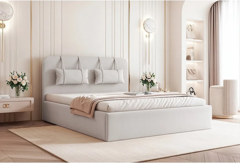 BESILIO Łóżko ze schowkiem z płyty 180x200 Monti - Łóżko slim, ozdobne poduszki ściągane, ze stelażem i pojemnikiem na pościel- Jasnoszary