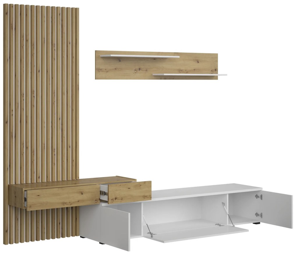 Meblościanka Lucimo 250 cm z lamelami - biały / dąb artisan