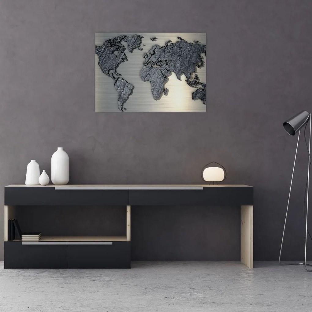Obraz na szkle - Mapa świata w kamiennej teksturze (70x50 cm)