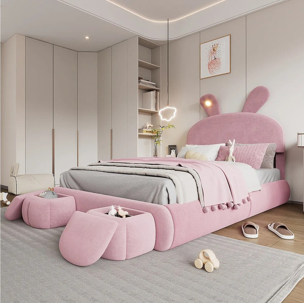 Łóżko pojedyncze 140 x 200 cm - Łóżko dziecięce z dwiema ławkami ze schowkiem i ciepłą taśmą świetlną - różowy aksamit - bez materaca