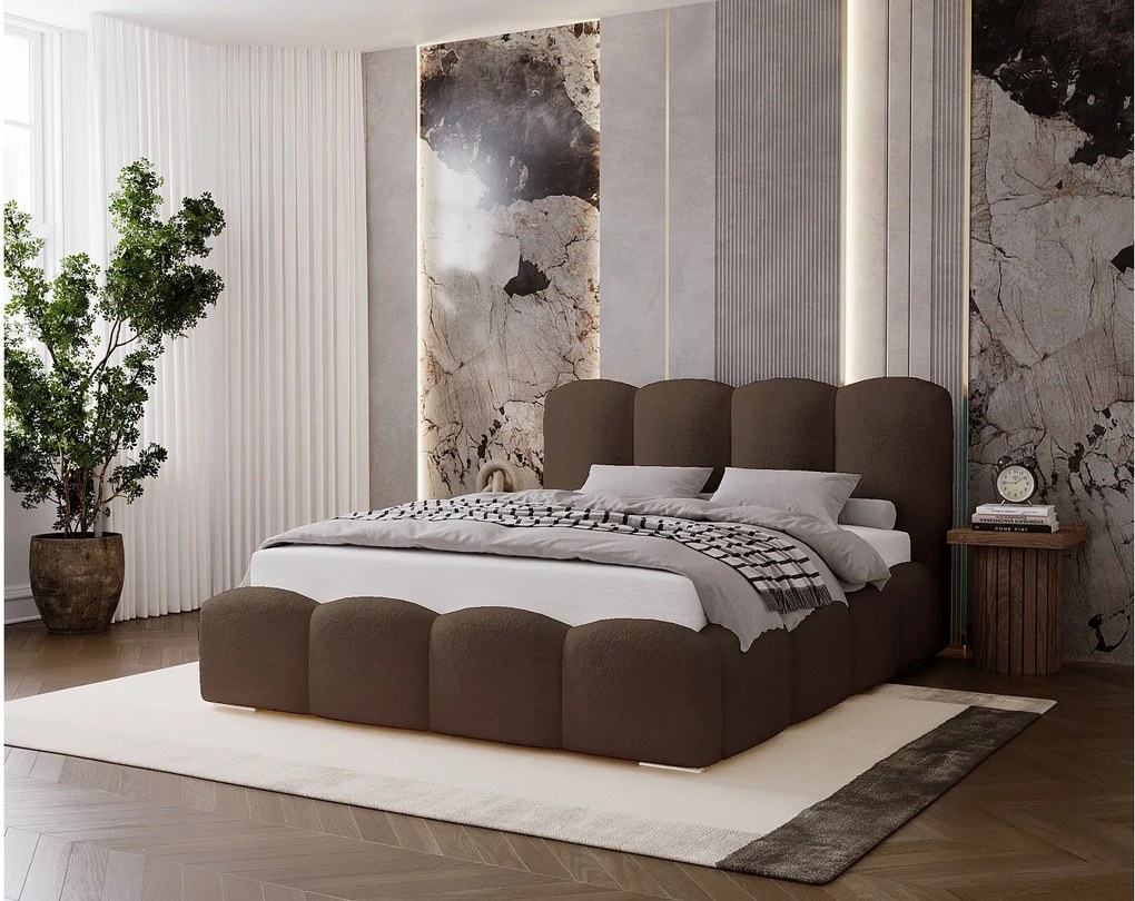 BESILIO Łóżko tapicerowane 200x200 Fluffy – łóżko chmurka boucle, z pojemnikiem na pościel i stelażem, gruba pianka, nowoczesne łóżko do sypialni – Brązowy