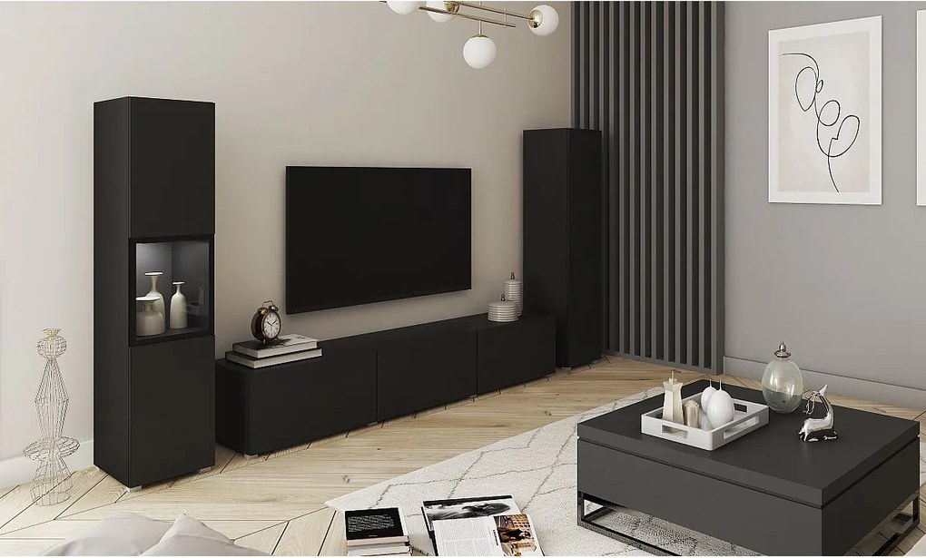 Meblościanka do salonu z oświetleniem LED, zestaw wisząco-stojący z szafką RTV 180 cm, witryną i słupkiem, korpus czarny mat