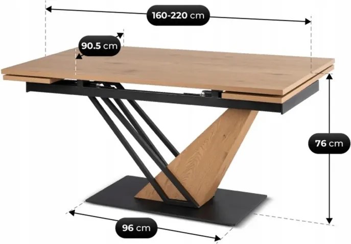 Stół Rozkładany Prostokątny REX 160-220 cm Dąb/Czarny do Jadalni Nowoczesny Loft