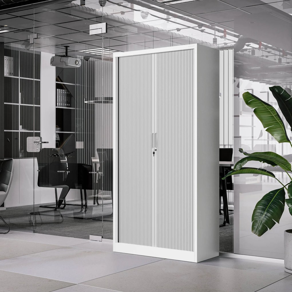 Metalowa szafa biurowa na akta z roletą DAMIAN, 900 x 1850 x 450 mm, biało-szara