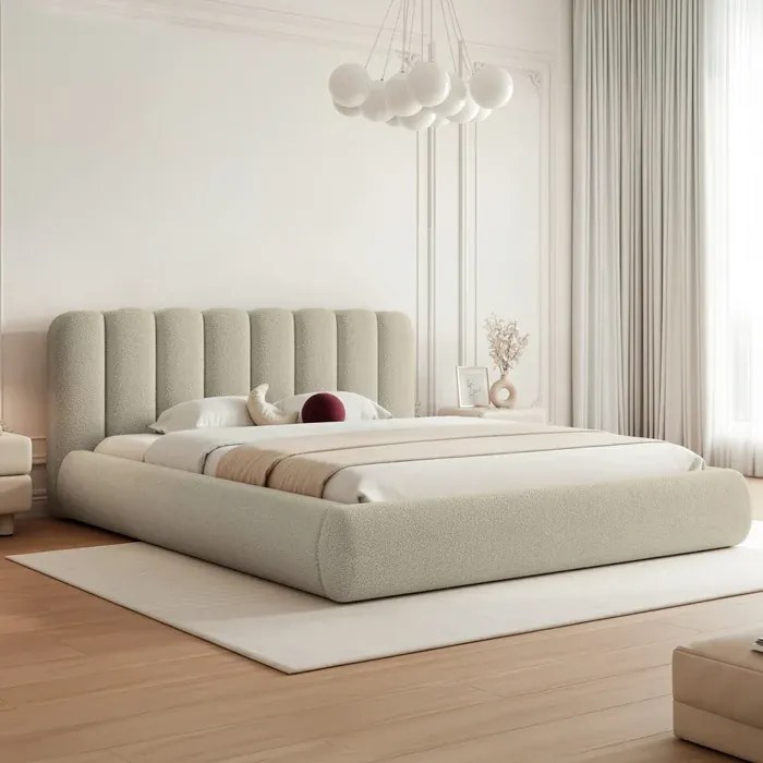 Łóżko Tapicerowane Slim 160x200 cm ARAVIO z Pojemnikiem Beżowe Boucle Japandi