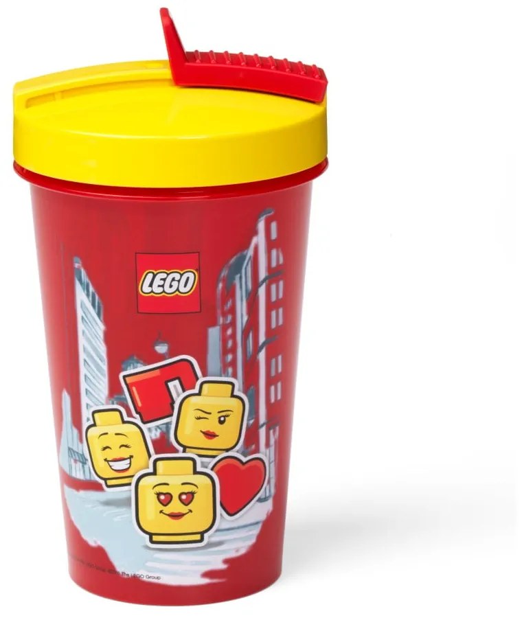 Czerwony kubek podróżny z żółtym wieczkiem i słomką LEGO® Iconic, 500 ml