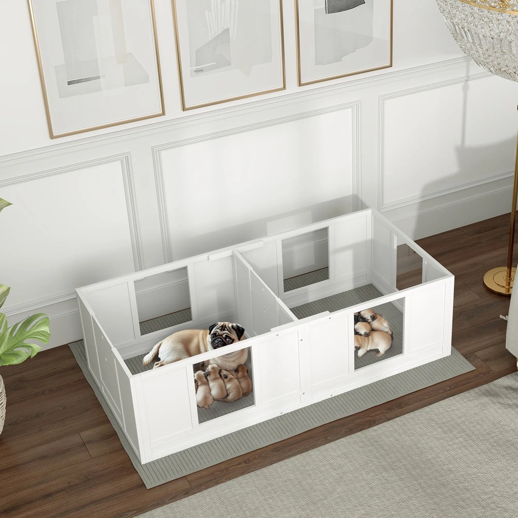 PawHut Skrzynia dla Szczeniąt, z Wodoodpornym i Możliwym do Prania Legowiskiem, Przezroczystymi Panelami, Projektem Dwuizbowym, dla Małych Psów