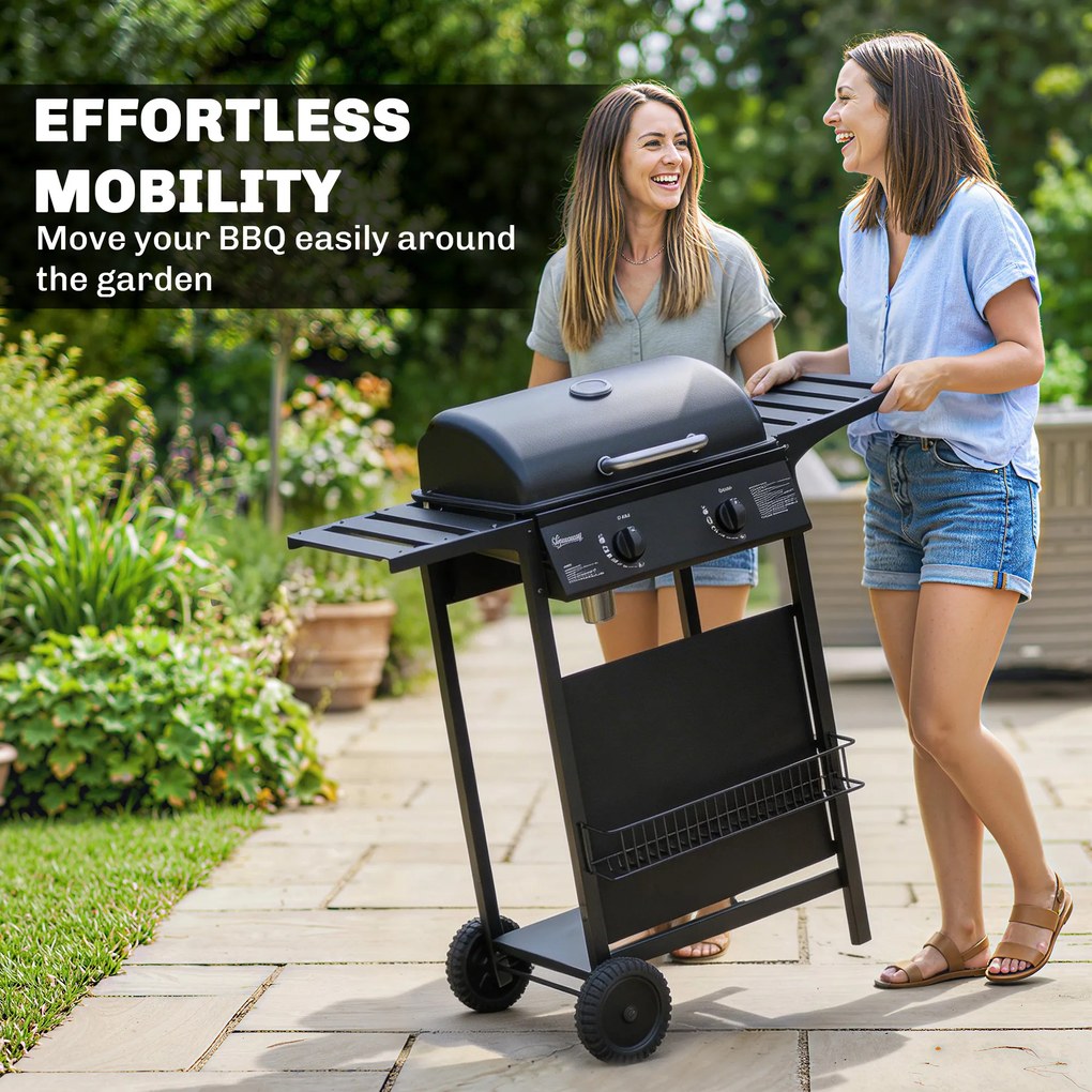 Outsunny Grill gazowy 5 kW, 2 palniki, BBQ Grill ze stali nierdzewnej z bocznymi stolikami, dolną półką, przednią osłoną i emaliowanym rusztem | Aosom PL