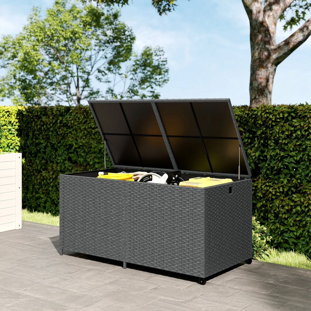 Outsunny Rattanowa skrzynia ogrodowa 650L wodoodporna, UV odporna, ze schowkiem, kółkami i pokrywą, 150 x 75 x 74 cm, ciemnoszara | Aosom PL