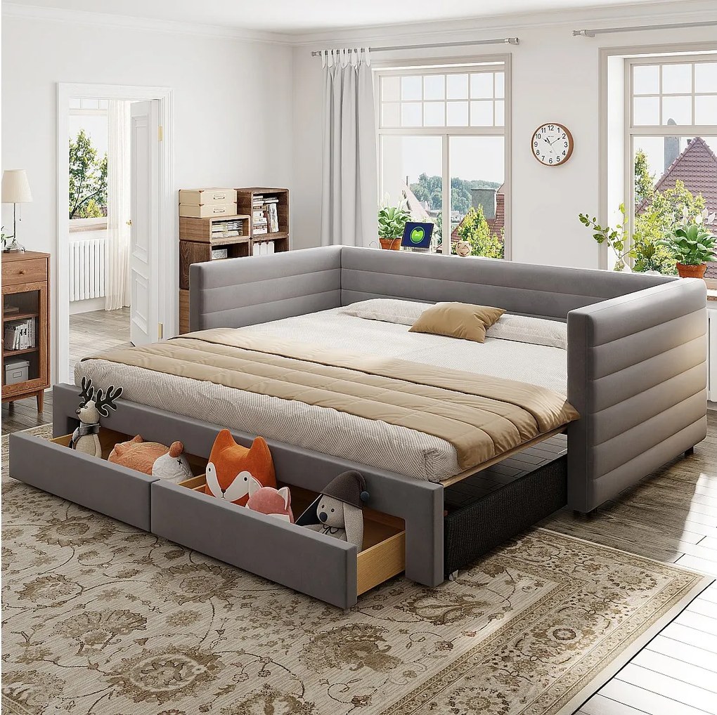 Rozkładana sofa 3 w 1 – 90/180 x 190 cm – z szufladami i stelażem – bawełna i len – szara