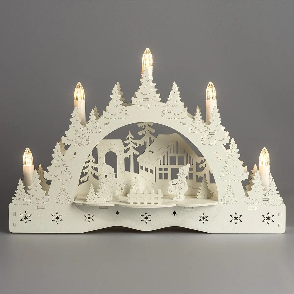 Świecznik świąteczny LED Zimowa kraina, domek i bałwan, 35 x 23 x 7,5 cm