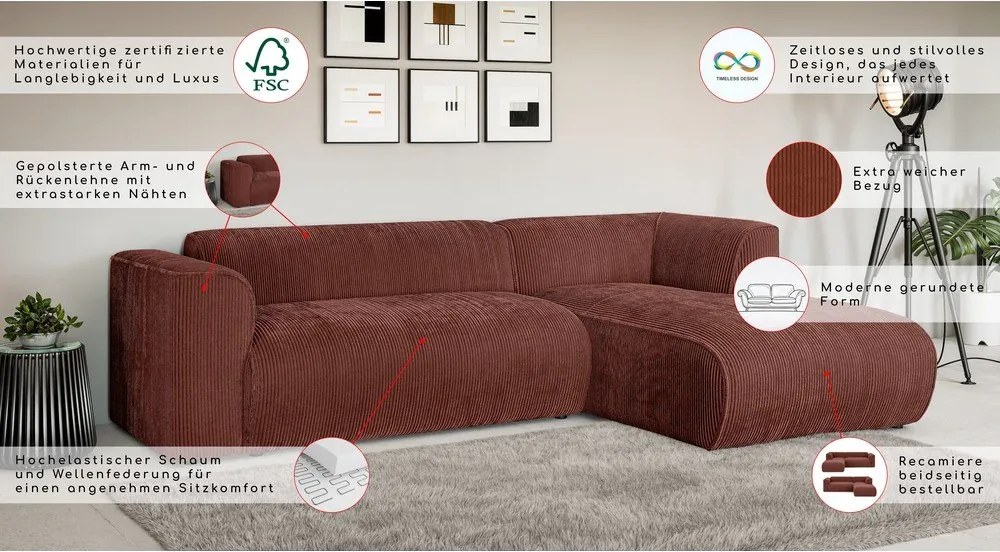 Sztruksowy narożnik (prawostronny/z szezlongiem) w kolorze terakoty Merid – Ropez