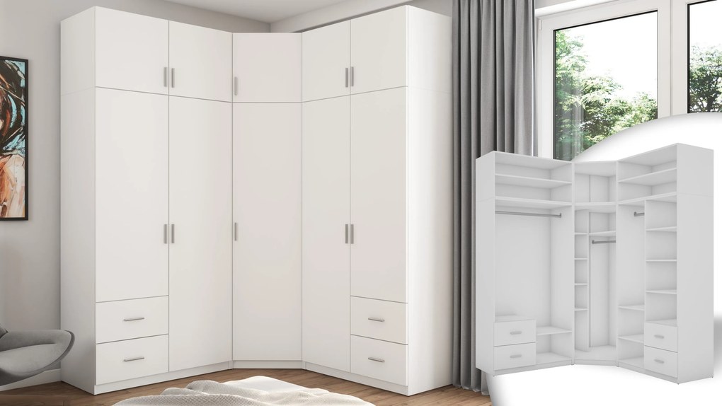 Szafa Narożna 189/240 - drążki na wieszaki, pojemne szuflady, półki