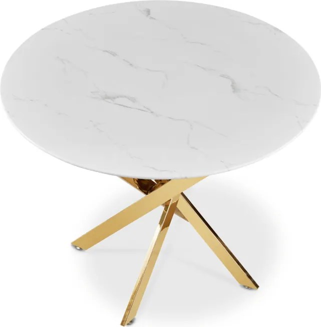 Stół Okrągły Szklany BALI 100 cm Biały Marmur/Złoty Glamour