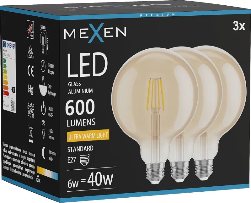 Mexen Vintis 3x żarówka filament LED E27, G125, 6W, Ciepła - 2200K, 600 lm, amber - L158-E27-0622-50x03