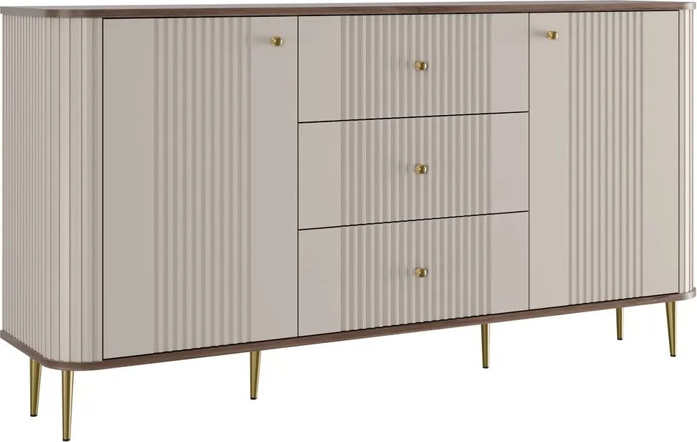 Komoda Vesper 160 cm z szufladami na nóżkach - kaszmir / orzech / złote nogi