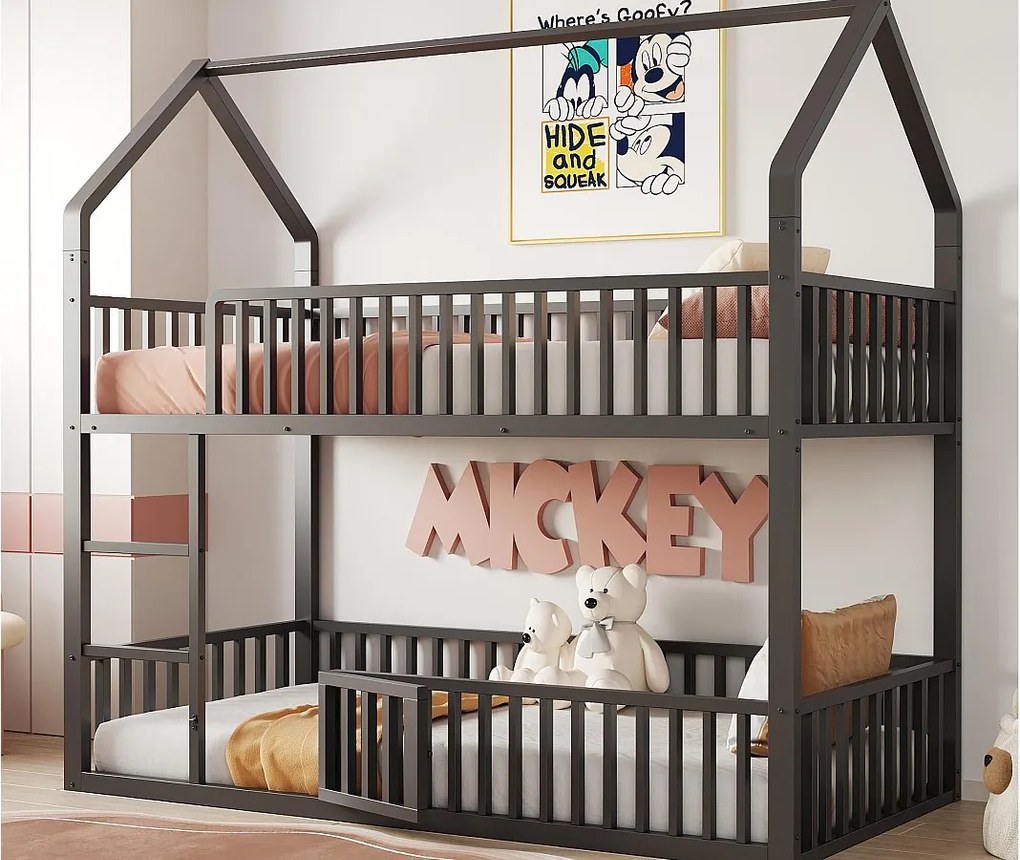 Łóżko piętrowe dziecięce 90x200 cm - ze schodkami - z drzwiczkami - Metal - Czarny (materac nie jest w zestawie)