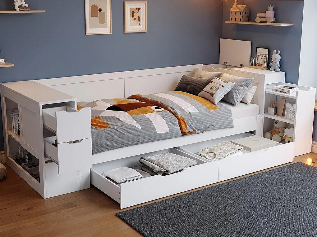Sofa z funkcją spania dla dzieci 90x200cm - z szufladami, półkami i przestrzenią do przechowywania - z nocną szafką - Biały (bez materaca)