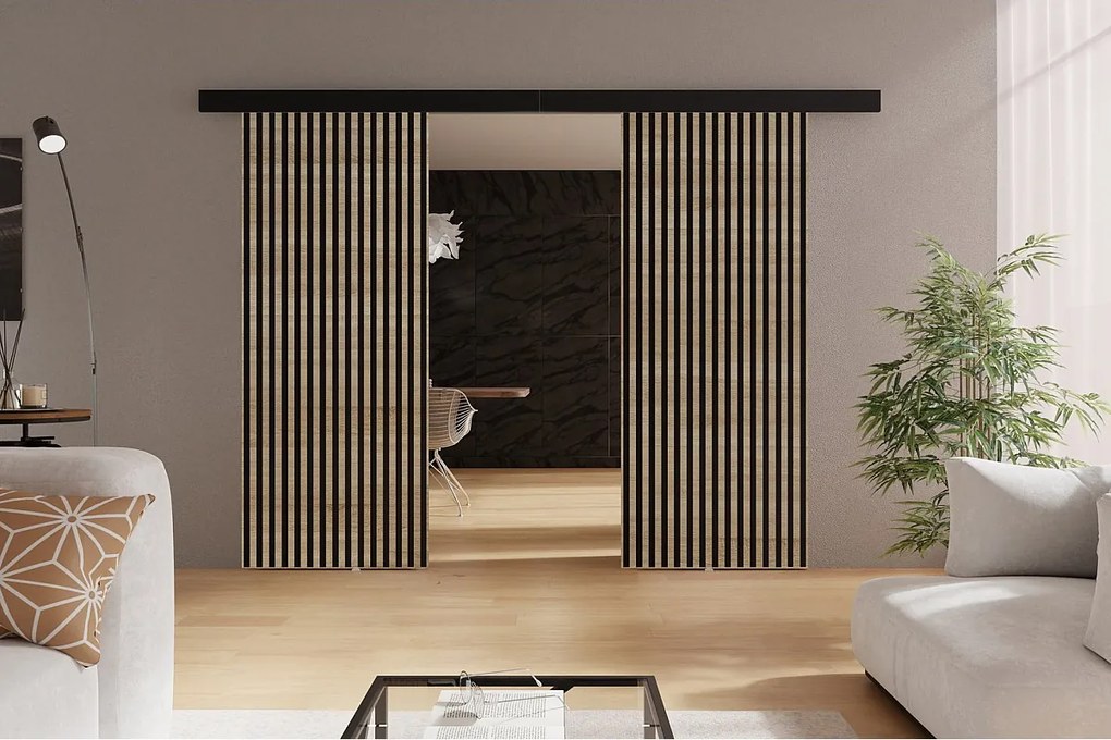 Emporius drzwi naścienne 190 cm Belor Duo - nowoczesne drzwi z imitacją lameli, drzwi naścienne dąb sonoma