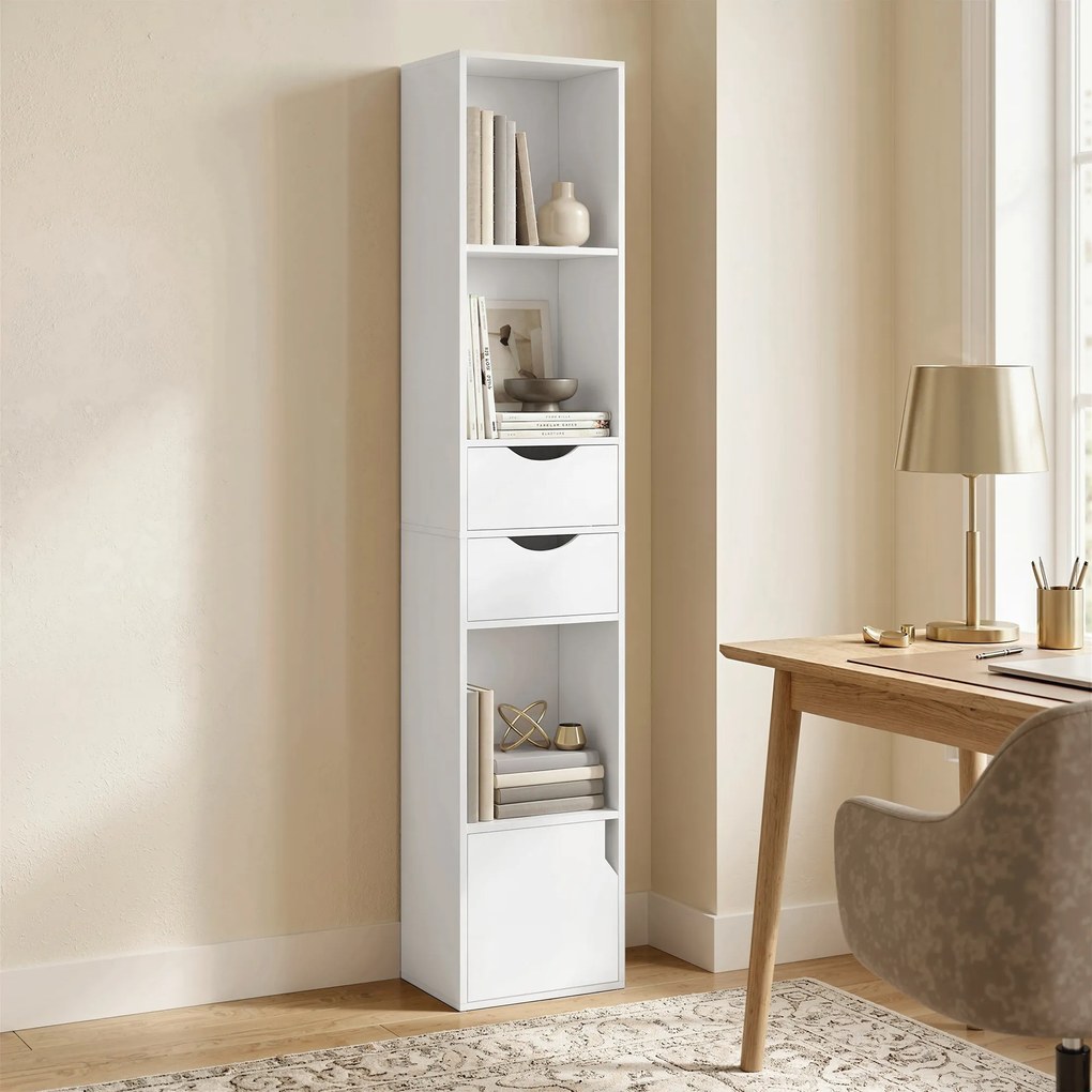 HOMCOM Regał na książki z 2 szufladami, wąska szafka z 3 otwartymi półkami, do biura, sypialni 30x24x158cm Biały | Aosom PL