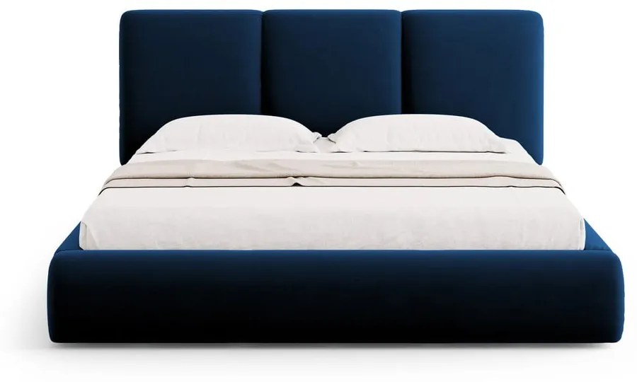 Ciemnoniebieskie aksamitne tapicerowane łóżko dwuosobowe ze schowkiem i stelażem 160x200 cm Brody – Mazzini Beds