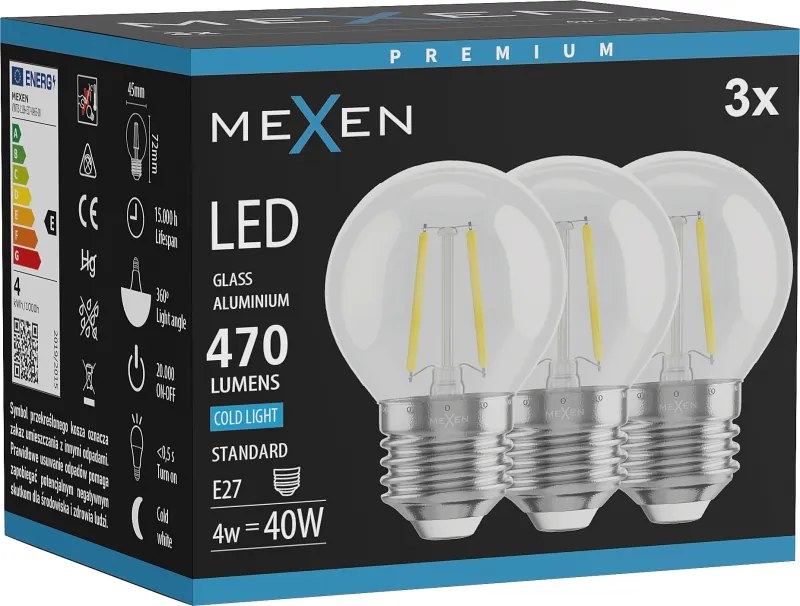 Mexen Vintis 3x żarówka filament LED E27, G45, 4W, Zimna - 6500K, 470 lm, clear - L156-E27-0465-00x03