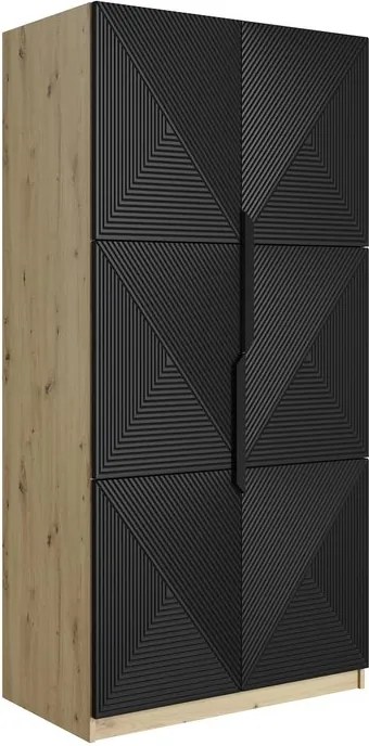 Szafa Asha 100 cm z ryflowanym frontem i metalowymi uchwytami- artisan / czarny mat / czarne uchwyty