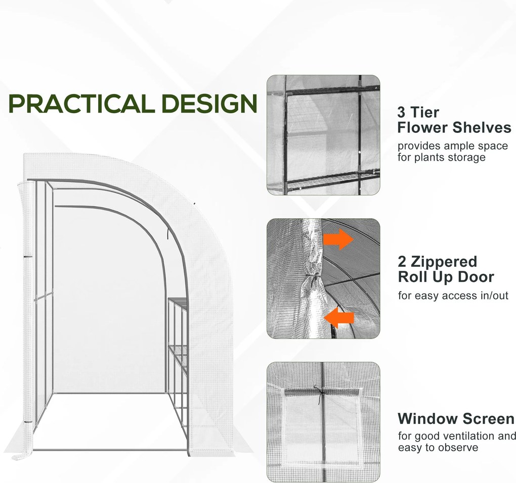 Outsunny Szklarnia ogrodowa z pokrywą foliową, UV-odporna, 3 poziomy, drzwi na zamku błyskawicznym, Biała