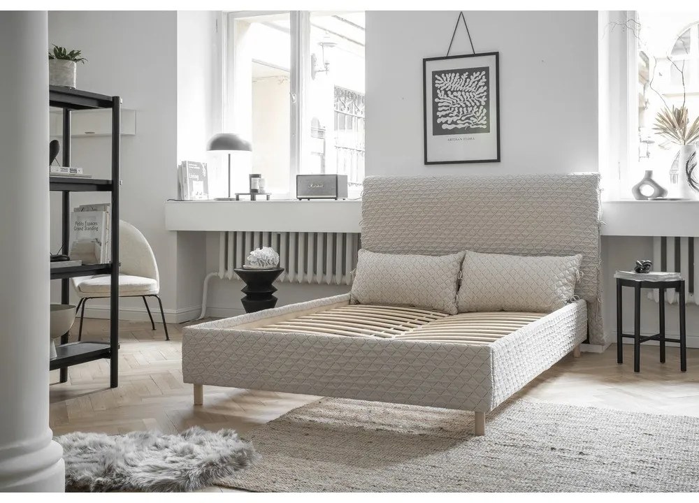 Beżowe tapicerowane łóżko dwuosobowe ze stelażem 180x200 cm Sleepy Luna – Miuform