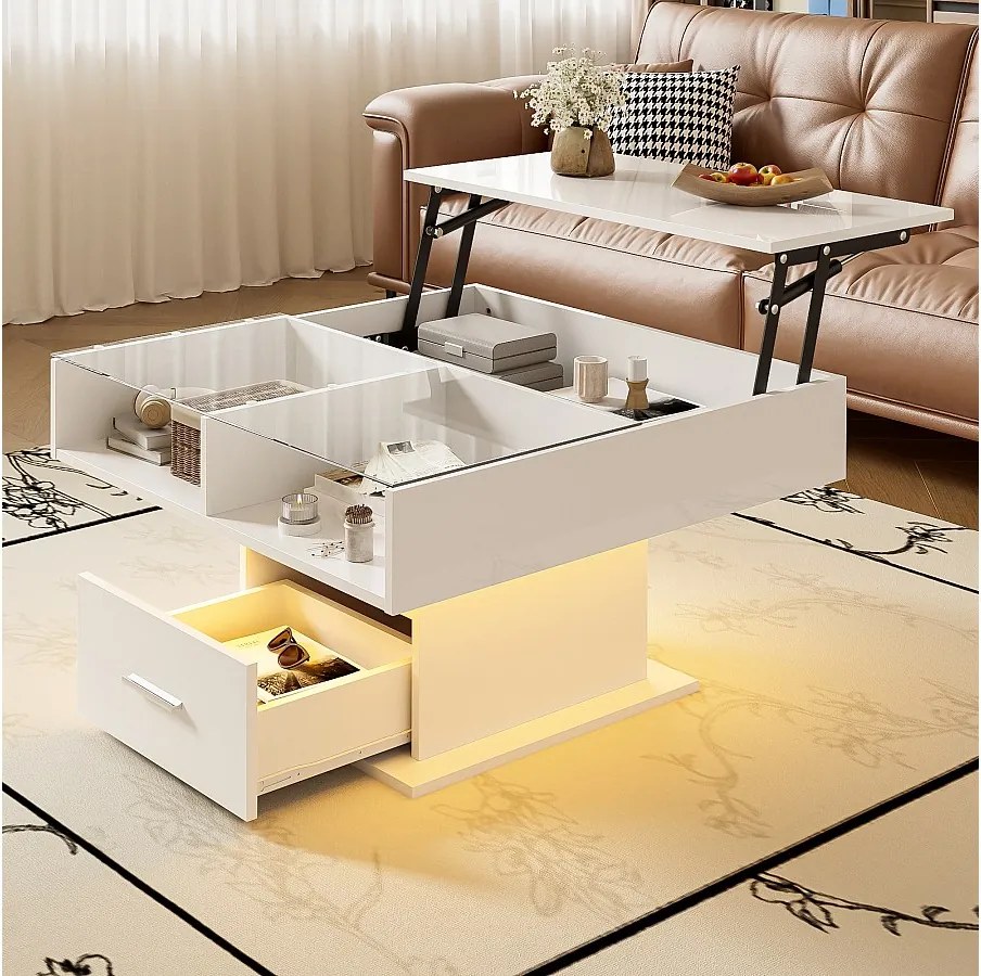 Stolik kawowy podnoszony - 78 x 78 x 45/59 cm - wysoki połysk z diodami LED + 1 szuflada - płyta wiórowa - biały