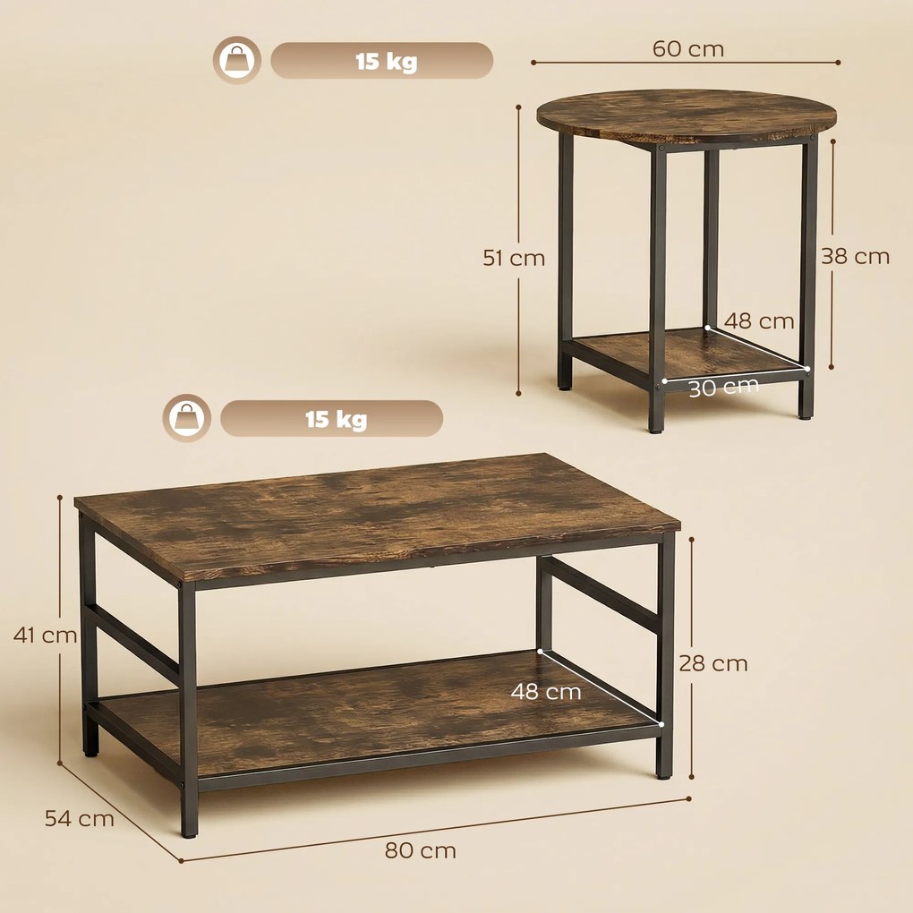 HOMCOM Zestaw stolików kawowych, 2-częściowy, stolik prostokątny i okrągły z 2-poziomowym miejscem do przechowywania, rustykalny brąz | Aosom PL