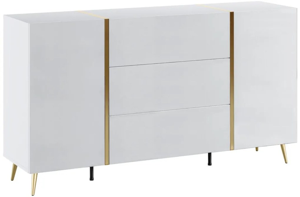 Komoda 2-drzwiowa z 3 szufladami - Biały z połyskiem i Złoty - MARZIALO