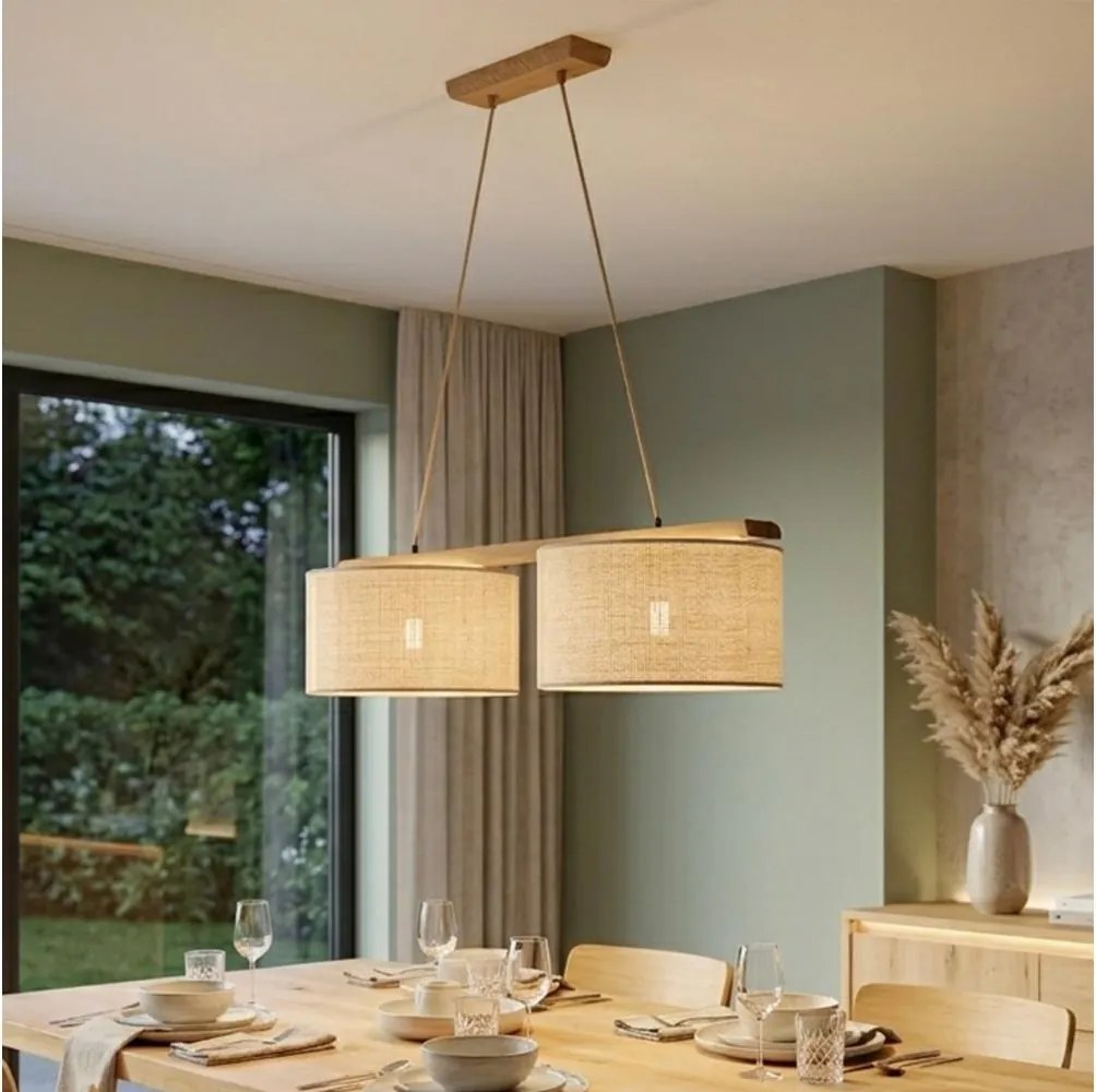 Lampa wisząca na lince AIDA 2xE27/15W/230V śr. 35 cm dąb/rafia