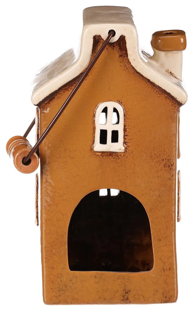 Świecznik Domek z uchwytem brązowy, ceramika, 13 x 10 x 37 cm