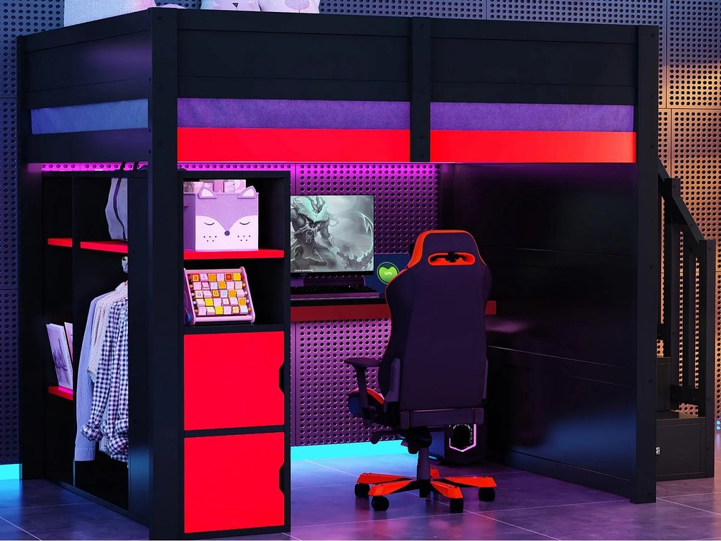 Łóżko na antresoli drewniane 140x200cm z LED i portem USB - Biurko i szafa - Drabina z pojemnikami - Czarny + Czerwony​ (bez materaca)